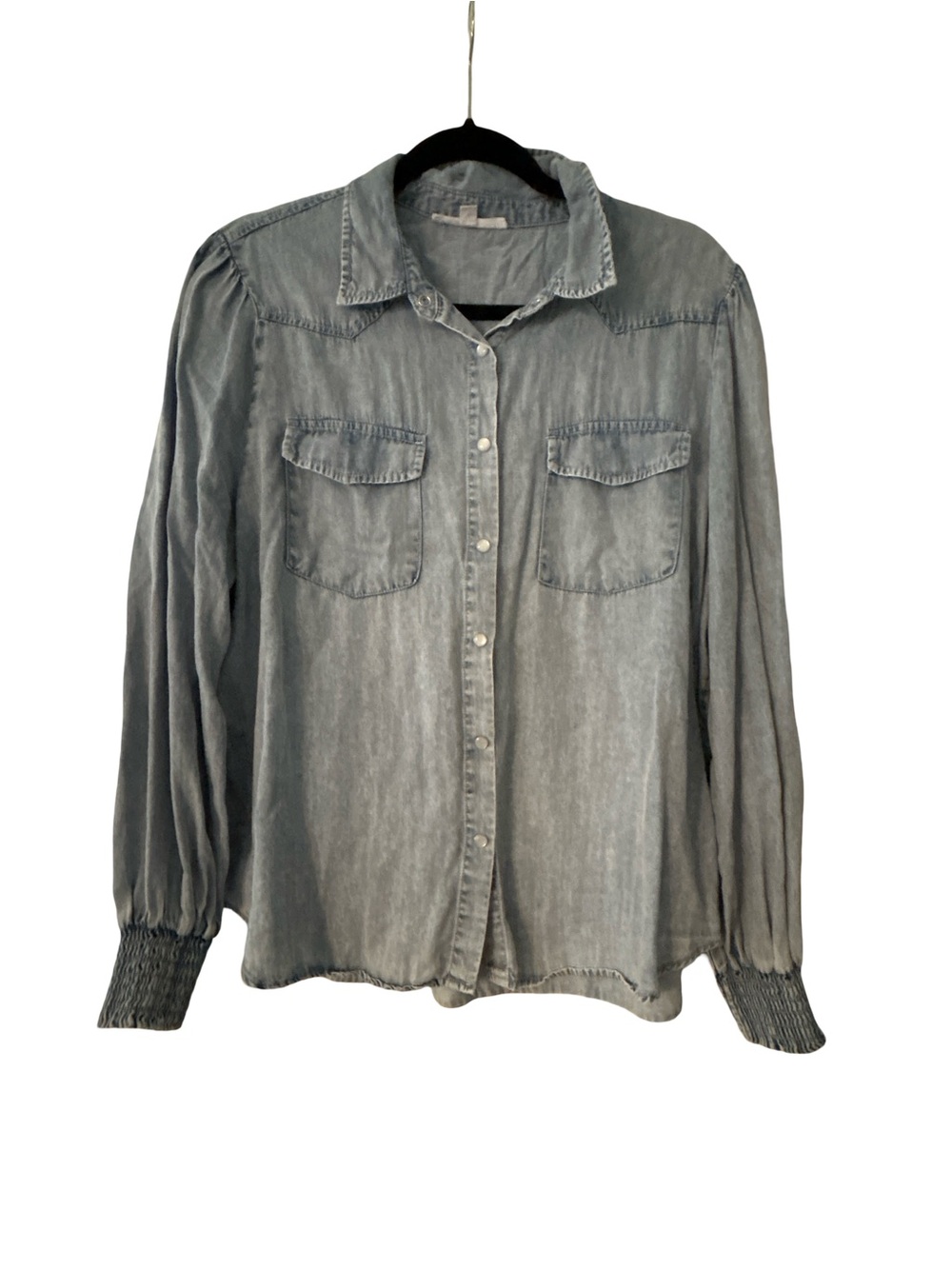 Jane + Delancey Blue Chambray Button Down Shirt Smocked Cuffs XL
